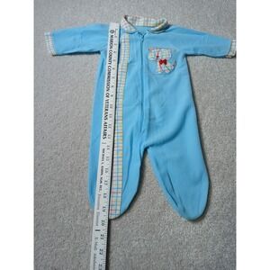 Vintage Baby Blue footed Pajamas Zip Sleeper One Piece plaid strip and dog patch